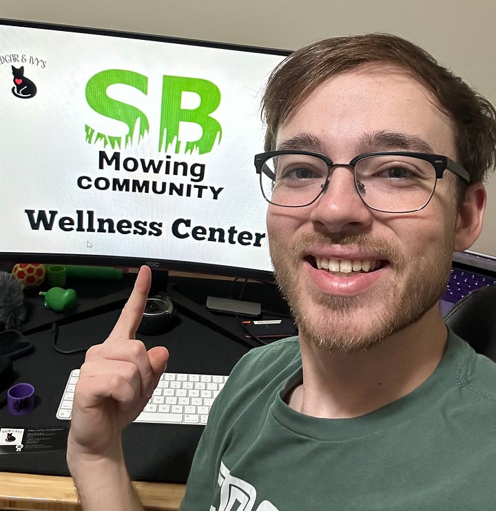 Left: Director Anissa Beal holds a rescue cat in front of Edgar & Ivy's Cat Sanctuary. Right: Spencer B. points to the new sign for the sanctuary's SB Mowing Community Wellness Center.