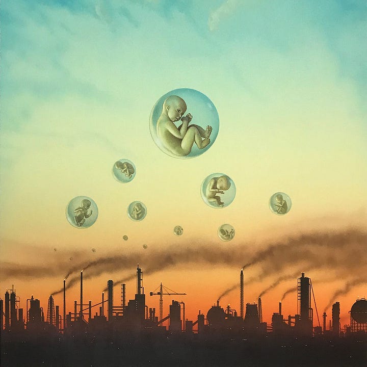 LEFT: Detail from CHILDREN OF THE THUNDER featuring spherical bubbles containing a human baby. Each is in a different position giving a sense of tumbling motion. RIGHT: Closer detail from CHILDREN OF THE THUNDER featuring plums of smoke drifting left to right over orange smoggy sky. Above float spherical bubbles each containing a human baby.