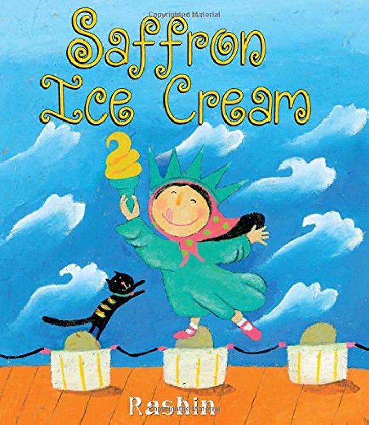 Book covering showing a dark-haired young girl posing as the Statue of Liberty against a backdrop of bright blue waves
