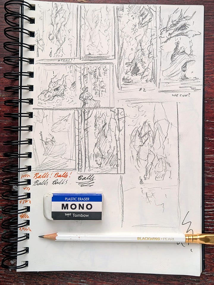 A sketchbookona table open to a sket of a dragon and a page of thumb-nailed compositions