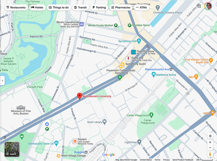 Two maps depicted from Google Maps. The one on the right is a zoomed in version of the one on the left. The one on the right shows more details.