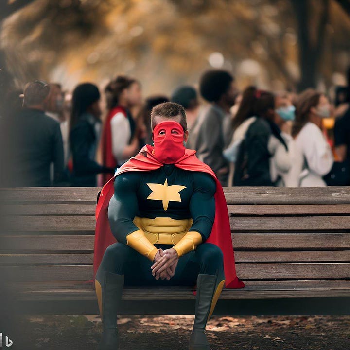 Bu görseller için yazdığım metin: "A sad superhero, sitting on a wooden bench in a crowded park." (Bank ile kalça ve ayakların ilişkisi biraz zorlayıcı olmuş belli ki.)