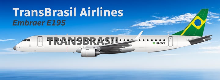 The current TransBrasil Airlines fleet: 1) Embraer E195-E2, 2) Embraer E195.