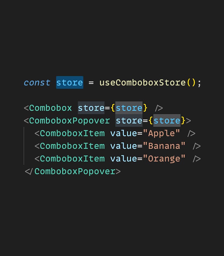 Two snippets of code: one using Ariakit component stores, where the useComboboxStore hook is used and the returned store object is passed to the Combobox and ComboboxPopover components; and another one using component providers, where the ComboboxProvider component is wrapping both Combobox and ComboboxPopover, and no explicit store prop must be passed.
