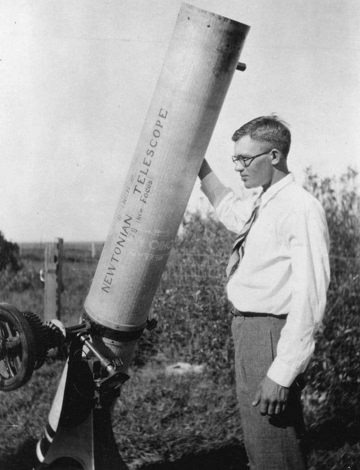 Clyde Tombaugh standing next to a telescope in 1930 and on the right are the discovery plates for Pluto.