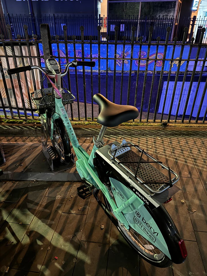 The image on the left shows a Thames Link train standing in Brighton station with its high ceilings and sepia hue. The image on the right shows the Beryl e-bike