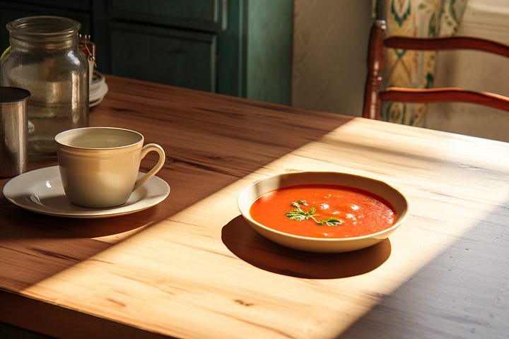 Kitchen table without and with a bowl of tomato soup. Vary (Region) tool in Midjourney.