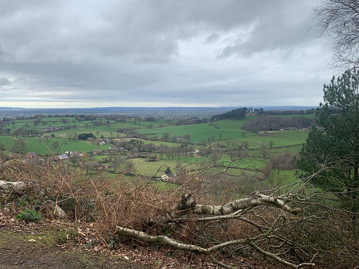 Two photos from a viewpoint looking across Cheshire farmland