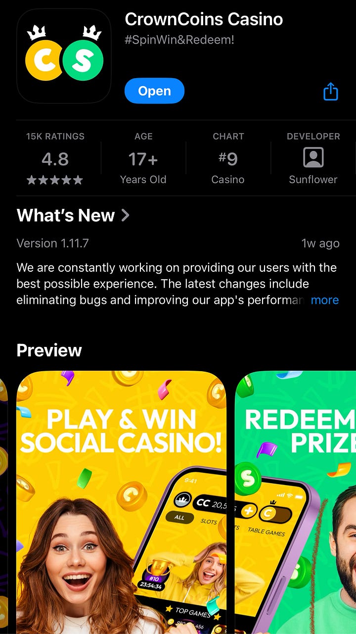 Crown Coin ad and app listing
