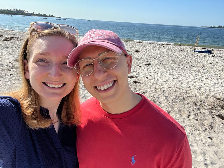 Me with Hannah taking a smiling selfie at the beach. Us at the dinner full of Arab food at the wedding. A pic of us the day after hanging out at the beach. And, the final pic is of us dancing together at the intimate reception. 