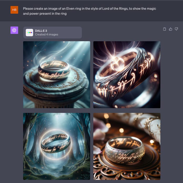 Screenshots showing ChatGPT image results for Lord of the Rings style rings