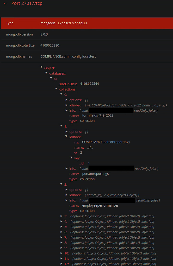 Image 1 shows the MongoDB version of the server being updated over multiple scans made by BinaryEdge and shows the data started showing as exposed on December 2nd 2024 while the actual server was exposed a week earlier on November 25th but with no data inside. Image 2 shows another query but this one with details BinaryEdge queries after connection to the server of note the flag readOnly:False which means read AND write access was enabled on the DB, anonymously.