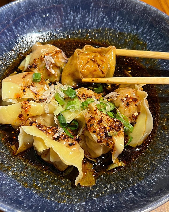 xuecai rousi tang mian; bamboo shoots, xiaolongbao; wontons crispy chilli oil