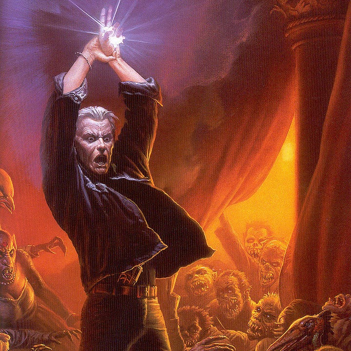 LEFT: Detail from THE WHITE COMMANDS YOU featuring Callahan as he stands in command above the mass of vampires and low men. He thrusts up the turtle talisman to shine brilliantly down on the hideous creatures. RIGHT: Detail from THE WHITE COMMANDS you featuring the vampires and Can-Toi at the Dixie Pig recoiling from the light of the turtle talisman.