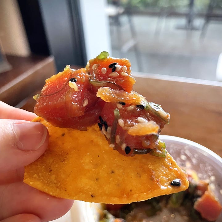 Ahi Poke and Fish Tacos at Bear Flag Fish Co. in Huntington Beach, California