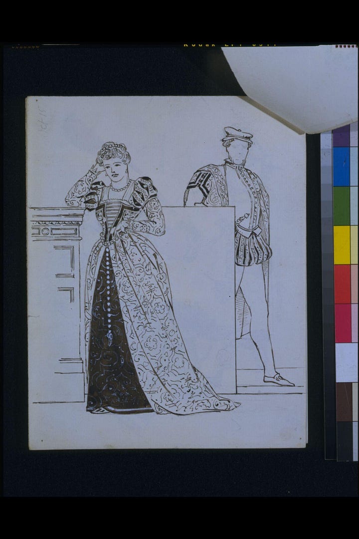 An original 1890s dress (Edwin William Godwin)Left. Sketch for Godwin design (right). Both in Pre Raphaelite romantic style