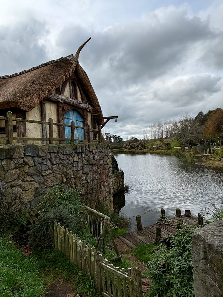 The mill with a small wooden dock at the lake at Hobbiton on an overcast day. An image of an eel swimming at the edge of the lake at Hobbiton.