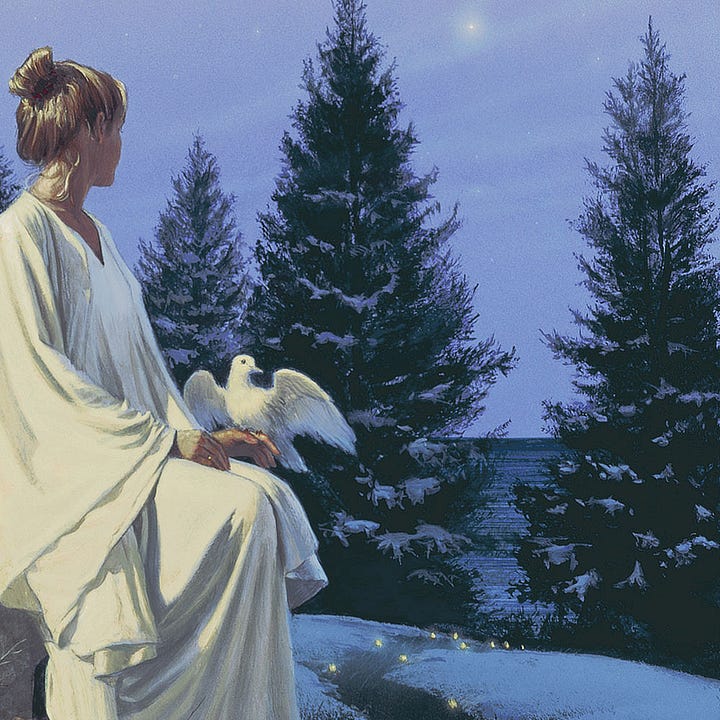 LEFT: Detail from STAR OF PEACE featuring a woman in a plain white gown sits on a rock with her hands resting on her lap. A dove takes perch on her finger as she glances over snow covered trees to a distant star in the night sky. A globe of a paper lantern  hangs above her from the bare branches of a birch tree. RIGHT: Detail from STAR OF PEACE featuring a view down a lighted path through snow covered evergreen trees to the water beyond.