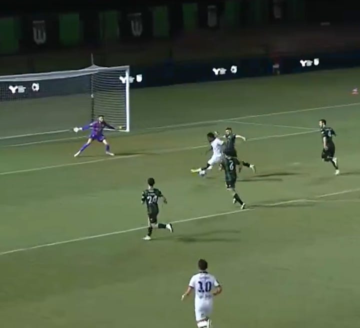 Two screenshots showing Nestory Irankund scoring goals in the men's A-League.