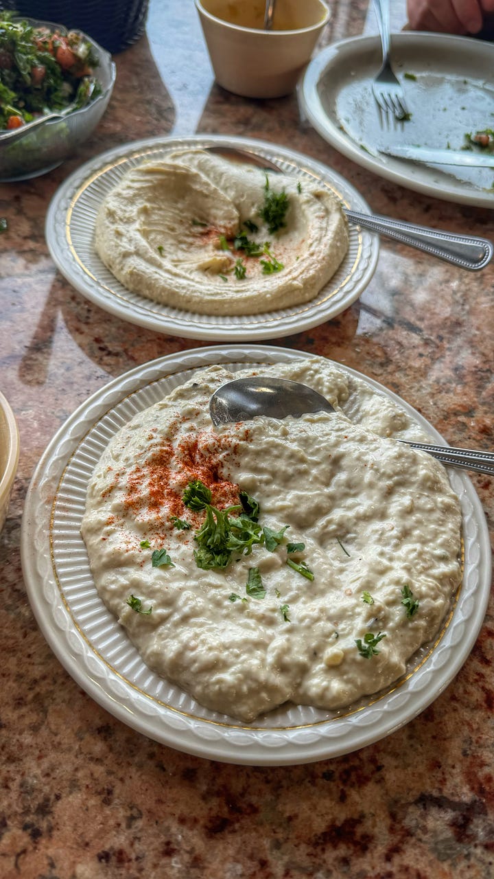 1. The front cover of the Cedarland menu. A photo of Cedar trees with the words "Cedarland. Middle Eastern Cuisine." 2. A chicken shawarma pita wrap with a bit taken out of it. 3. A plate with tabbouleh salad and a fork. 4. A plate with a large mound of hummus and another with a large mound of baba ghanouj