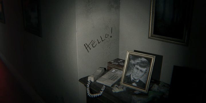 Corner of the L-shaped corridor in P.T.; A wall in the corridor of P.T., there's a marking on the wall saying "HELLO!"; View of the corridor in P.T., this time lit by red lights; Apparition "Lisa" seen from the corner of the corridor, P.T.;