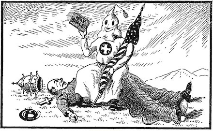 Left: Black-and-white cartoon of a Ku Klux Klansman holding a Bible and the U.S. flag sitting on an unconscious Pope. The pope's papal crown is knocked off his head. Right: A black-and-white anti-Ku Klux Klan poster warning it is against Jews, Blacks, Catholics, immigrants ad labor unions. A Ku Klux Klansman stands left of the text holding a rifle.