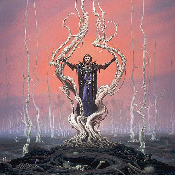 LEFT: Detail from EMPEROR OF THE WASTELANDS featuring a menacing figure standing on the husk of a dead alien tree in a bleak wasteland. With gloved hands he reaches out to the bone white limbs. In places the branches form a lattice. RIGHT: Close detail from EMPEROR OF THE WASTELANDS featuring a menacing figure in black over purple robes. A hood covers his blonde hair and a circlet reflect bronze.