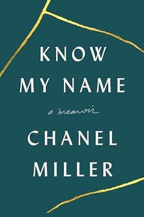 Two book covers. The cover on the left features a woman's leg. She wears a skirt and shoes. The text The Bell Jar appears to the right. The second book ihas a dark-green background. White text reads Know by Name. A Memoir. Chanel Miller