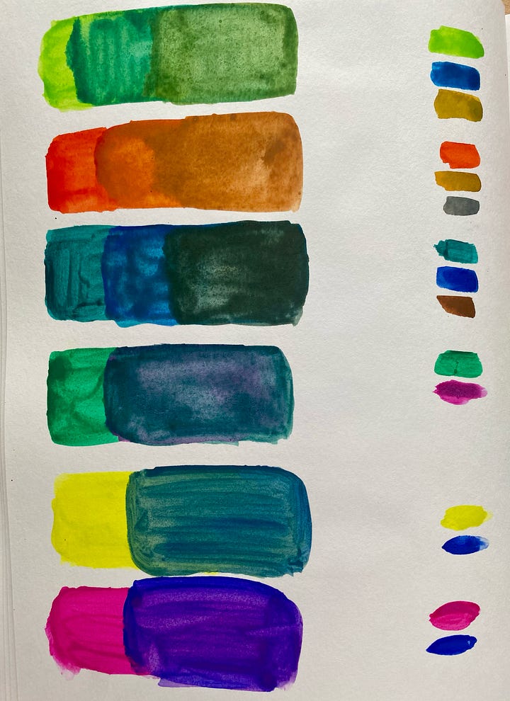 white paper with gouache paint swatches tested out. 6 swatches using a mix of different colours on the first image, and 5 mixes on the second.