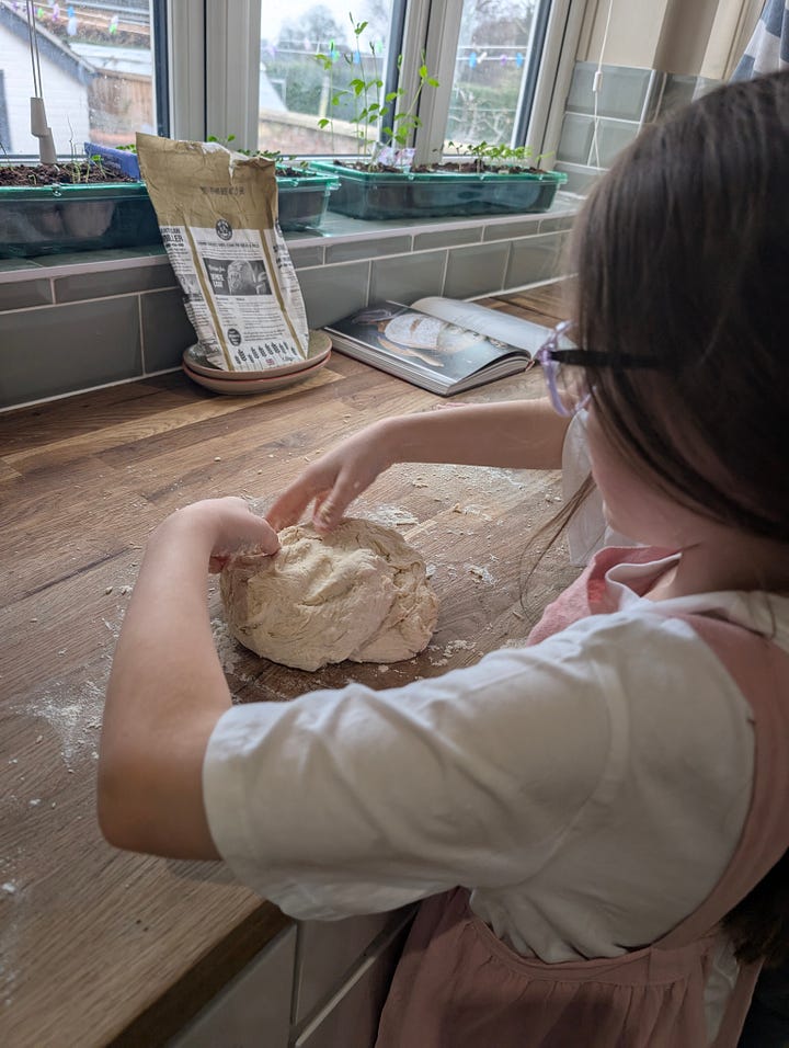 the photo shows a girl at 9 baking bread. In the photo on the right hand side, the same girl is making play dough at the age of 3
