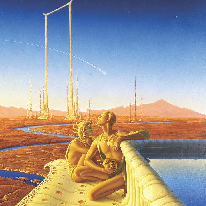 LEFT: Close detail of the pair of Martian men in the foreground seated next to a pool of water reflecting the sky. The comet descends in the far distance positioned over their heads. RIGHT: Close detail of the trio of domed towers in the foreground of DESCENT. In the far distance behind, a Martian city is nestled on a rise with a dramatic sweep of mountain angling upward as a backdrop.