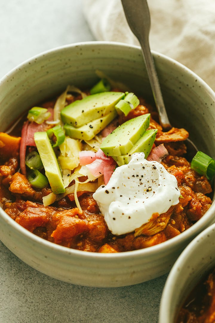 Fall chicken chili in bowls. 