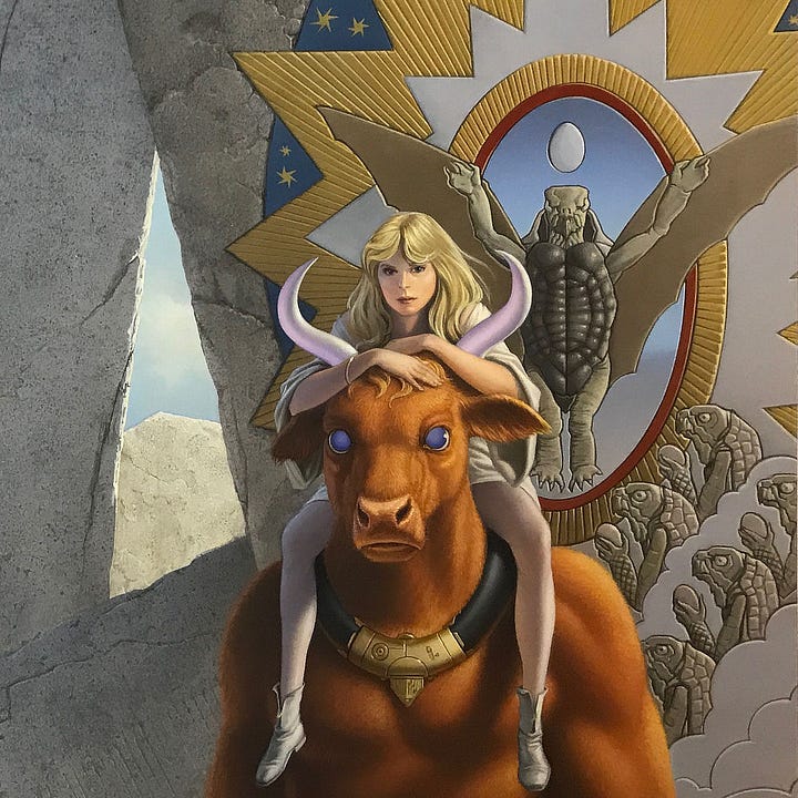 LEFT: Figure detail from THE RIDER featuring a young woman with straight blonde hair riding piggyback on the shoulders of a bull-like creature with russet fur and milky blue eyes.  RIGHT: Background detail from THE RIDER featuring a human male with dark hair, wearing an orange shirt with red beneath and brown pants, stands atop a wrecked yellow school bus. The man shields his eyes as he stares up into the sky. A turtle-like alien stands next to the man dwarfing him in stature but apparently engaging him in conversation. A trio of turtles casually stroll by stroll past as a wide wing spaceships glide by.