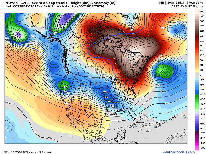 GEFS and GFS 00z | Day 10 Height Anomaly (500 hPa)