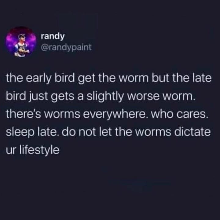 There are two images of retweets. The first is by randy @randypaint who says: the early bird get the worm but the late bird just gets a slightly worse worm. there's worms everywhere. who cares. sleep late. do not let the worms dictate ur lifestyle. The second image is a list of times share by Dr Sabina Stent @SabinaStent who says A reminder that Ursula Le Guin's writing schedule was the best writing schedule. The times show: from 5.30am - wake up and lie there and think, 6.15am - get up and eat breakfast (lots) through to After 8pm - I tend to be very stupid and we won't talk about this.