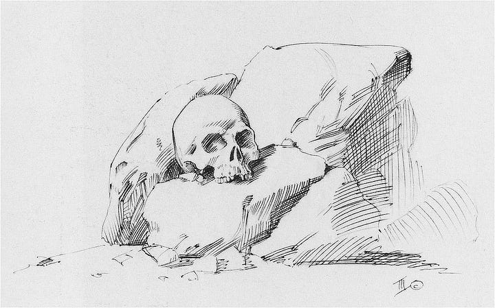 LEFT: Close detail from NARROW WAY featuring a human skull serving as memento mori set on a pebble strewn path. RIGHT: SKULL AND ROCKS, 1984, ballpoint pen on paper, 5 x 7. A skull without mandible and missing a front tooth is set on a rock. The orbital are facing slightly to the right.