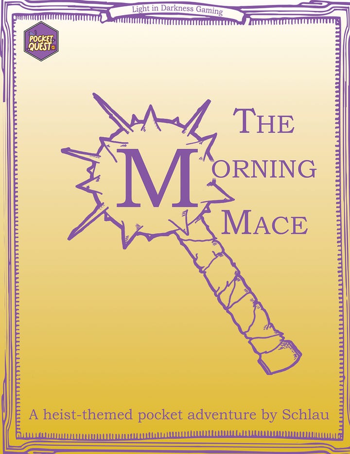 The purple outline of a mace with a gradient white to yellow background. Then a white labyrinth with a red paint swipe encircling it with a black background.