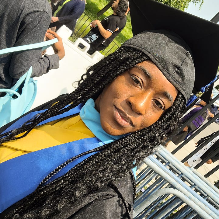 photos of noelle. one with a green dress and braids and one with a cap and gown for graduate school graduation. 