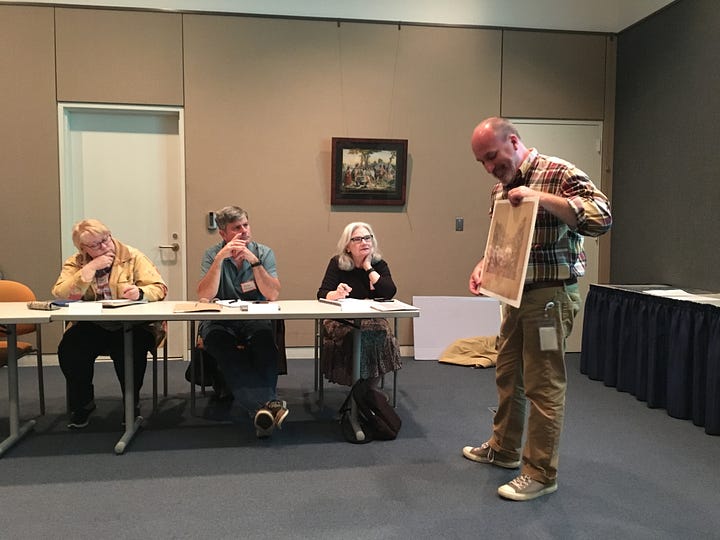 four photos of people looking at old photos, brochures, scrapbooks, postcards, and other artifacts, including with magnifying glasses.