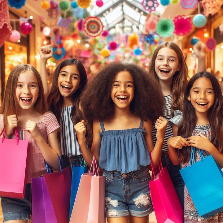 Left: girls raising hands in class; right: laughing girls with shopping bags