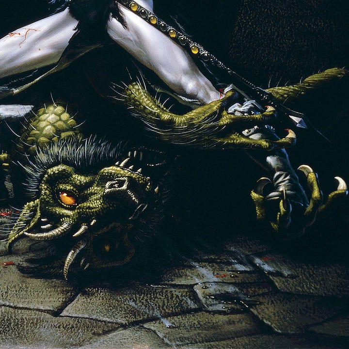 LEFT: Detail from ELRIC DEMONSLAYER featuring a bloodied Elric as he draws back Stormbringer for a killing blow. His clothes are torn to shreds. A long jeweled scabbard is strung at his waist. RIGHT: Detail from ELRIC DEMONSLAYER featuring a green scaled demon on the ground baring its teeth. As Elric straddles it in a wide stance, the demon grips his leg with its foreclaws.