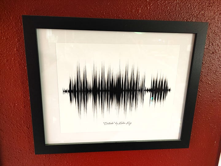 First image is cover art for the album "Nathan Dunbar's Nightlight" depicting the rear panel of a car in front of streaking blurred lights. Text: Nathan Dunbar's 'Nightlife.' 2nd image: Framed waveform of the song "Outside" by Kielen King.