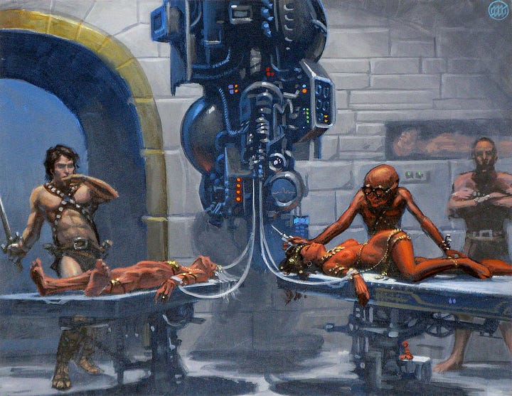 LEFT: Preliminary concept for THE MASTER MIND OF MARS featuring an old man standing over Valla Dia, who lays unconscious on an operating table. The man is thin and bald. Lending him the appearance of a mad scientist, he wears goggles and holds a hypodermic needle. Tubes connect Valla Dia to a machine and by extension an aging body on the adjacent table. Ulysses Paxton has just entered through a wide archway and is taken aback in surprise at the scene. RIGHT: Sketches for THE MASTER MIND OF MARS featuring an old man wearing goggles and an ape-like creature opening its mouth to expose jagged teeth.