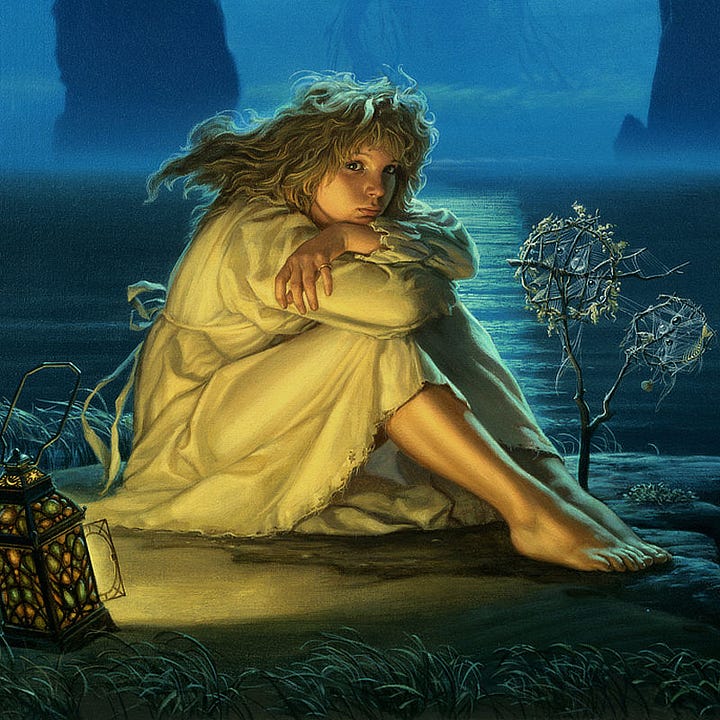 LEFT: View of the girl resting her chin on arms crossed over her knees. The sea creature is backlit by the moon as it wades toward her in the distance. RIGHT: Close detail featuring the lamp in the foreground casting warm light on the girl