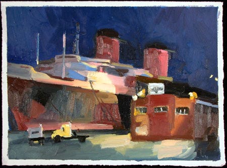 a pastel drawing of the SS United States surrounded by shipping containers and a nocturn painting of the same ship with trucks and a building in the foreground.