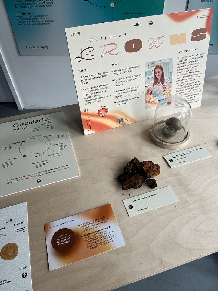 1-2. Exhibition table for 'browns' from Jesse Adler showing part of a mushroom, an eyeshadow made from mushroom pigment and a paint sample of brown fungal dye on paper.