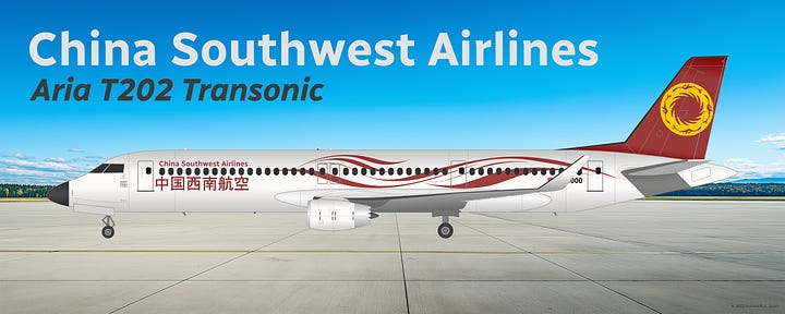 China Southwest Aria T202 Transonic in current livery, shown in side view while in midflight (L) and while parked on a tarmac (R).