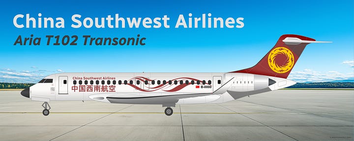 China Southwest Aria T102 Transonic in current livery, shown in side view while in midflight (L) and while parked on a tarmac (R).