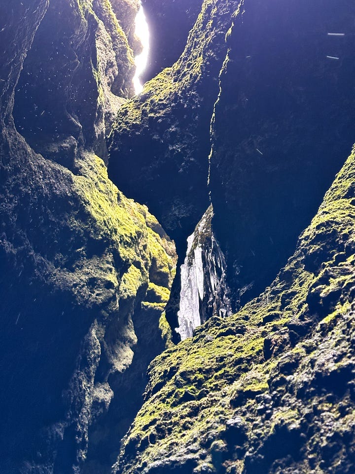 Four images from Rauðfeldsgjá Gorge - clockwise from top left. Ryan in brown pants with a green down jacket standing on rocks ready to enter the second, smaller opening inside the gorge, a close up of the green moss walls and large icicles, the layers of green, gold, black and rusty red color to in the hills next to the gorge, looking up from the streambed inside to the curving opening to the sky above.