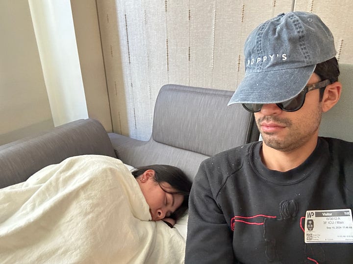 Photo of Dylan and Shana sleeping in the ICU beside dad. Photo of Arel sleeping at home beside mom